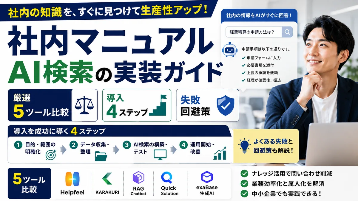 【2026年8月版】社内マニュアルAI検索の実装ガイド｜厳選5ツール比較と導入4ステップ・失敗回避策を徹底解説