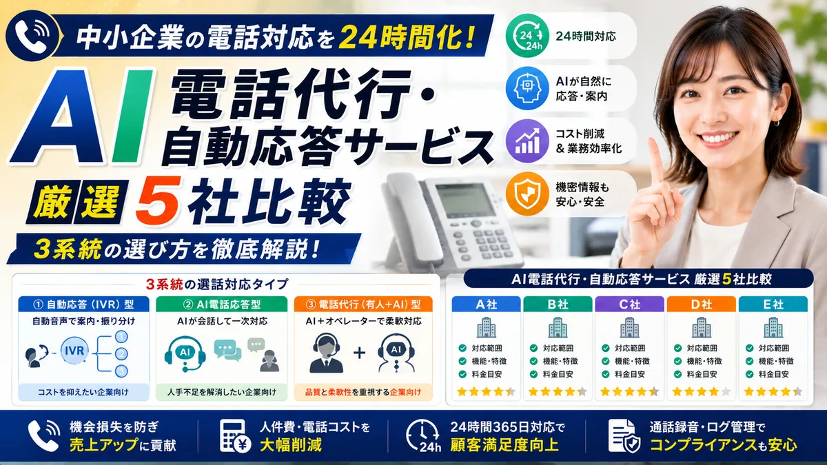 【2026年7月版】AI電話代行・自動応答サービス厳選5社比較｜中小企業の電話対応を24時間化する3系統の選び方を徹底解説