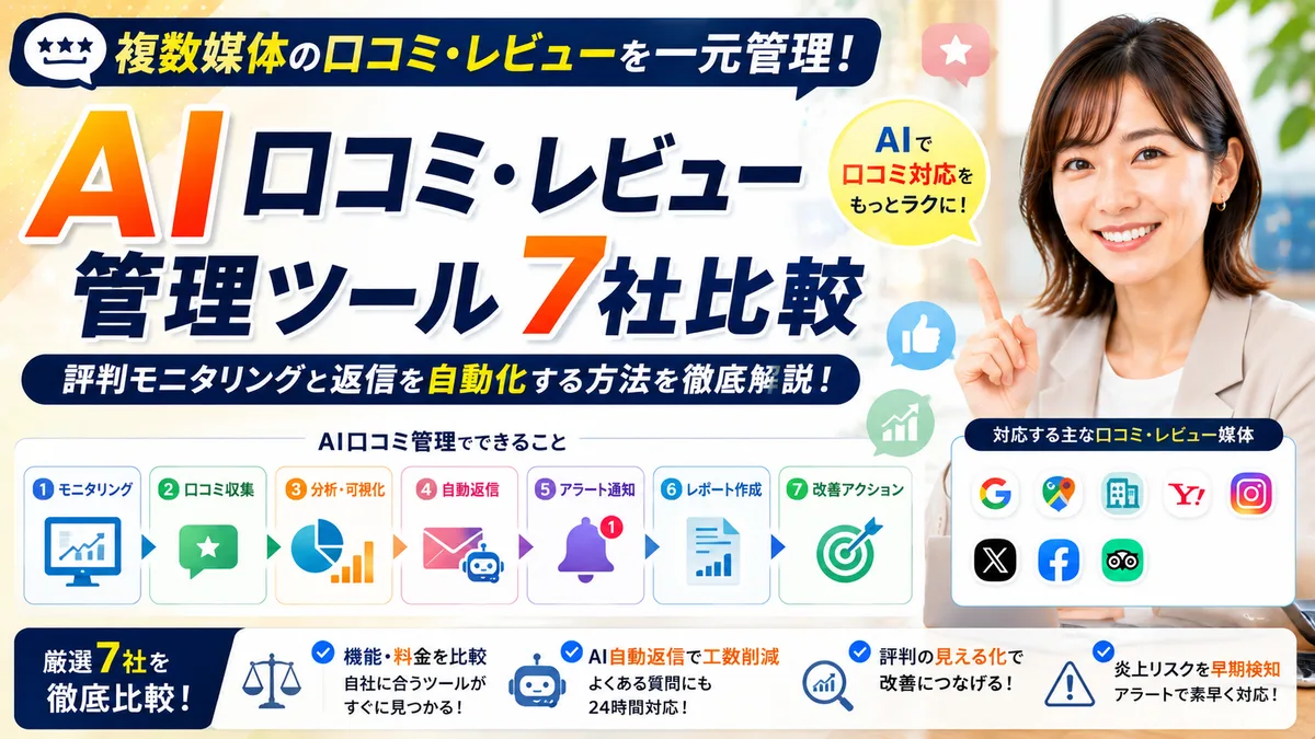 【2026年7月版】AI口コミ・レビュー管理ツール厳選7社比較｜複数媒体の評判モニタリングと返信を自動化する方法を徹底解説