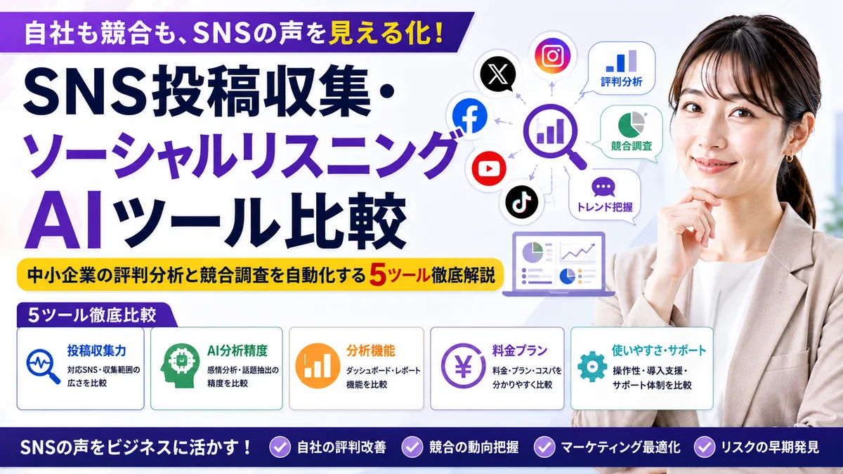 【2026年8月版】SNS投稿収集・ソーシャルリスニングAIツール比較｜中小企業の評判分析と競合調査を自動化する5ツール徹底解説